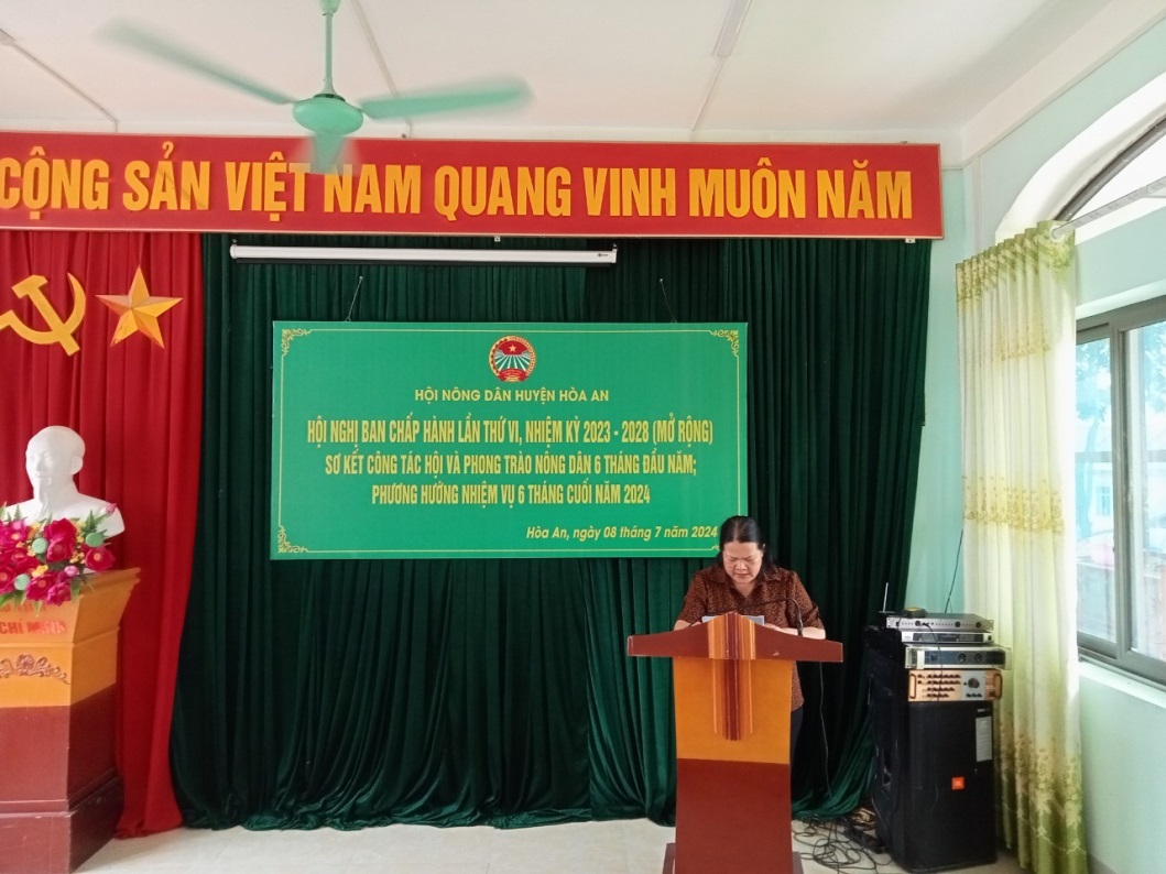 Hội Nông dân huyện Hòa An tổ chức Hội nghị Ban Chấp hành lần thứ sáu (mở rộng) sơ kết công tác Hội và phong trào nông dân 6 tháng đầu năm 2024